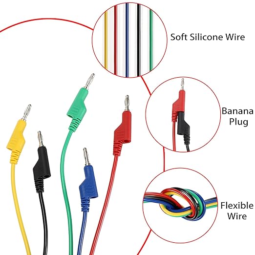 Sumnacon 5Pcs Banana to Banana Plug Test Lead, 4mm Stackable Banana Plug Wire Test Cable Lead for Multimeter, Electrical Test Wire 1000V/15A 9.8 Ft/3M