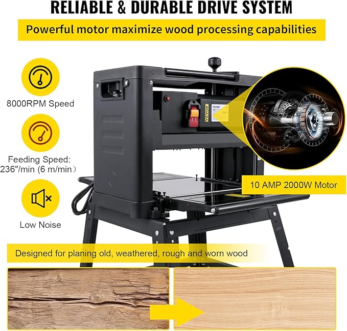 VEVOR Thickness Planer - 13-Inch Benchtop Wood Planer, 2000W, 8000 rpm, 15 AMP, Foldable, 6m/min Planing Speed, Iron Stand, Dust Exhaust for Woodworking