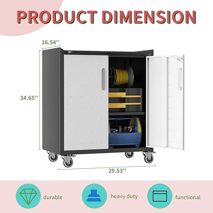Garage Tool Storage Cabinet,Mobile Heavy Duty Metal Tool Chests & Cabinets with Lockable Doors,Black Rolling Tool Cabinets with Wheels,Assembly Required