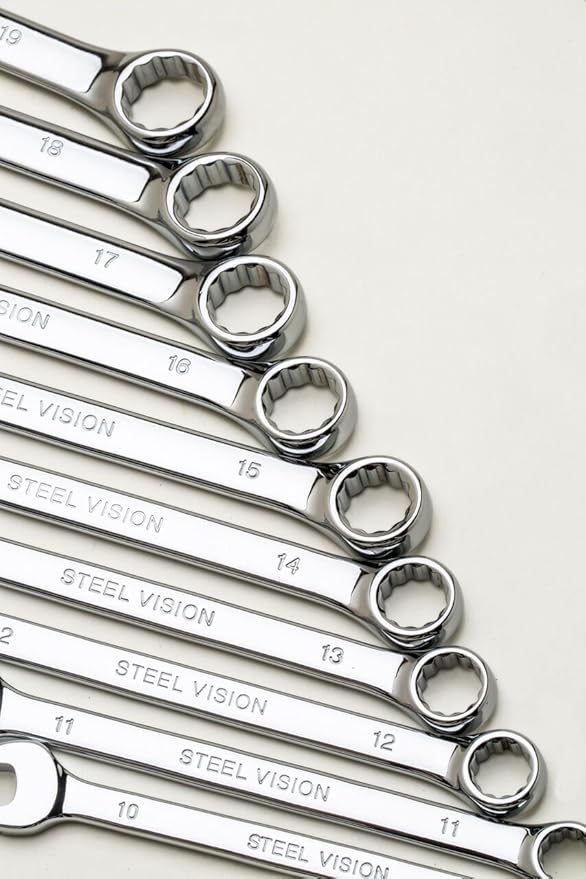 Steel Vision Tools 10 pc Metric Combination Wrench Set (10, 11, 12, 13, 14, 15, 16, 17, 18 & 19 mm) - Precision 12-Point Box End, Open-End Design, Full Polished Chromium-Vanadium Finish