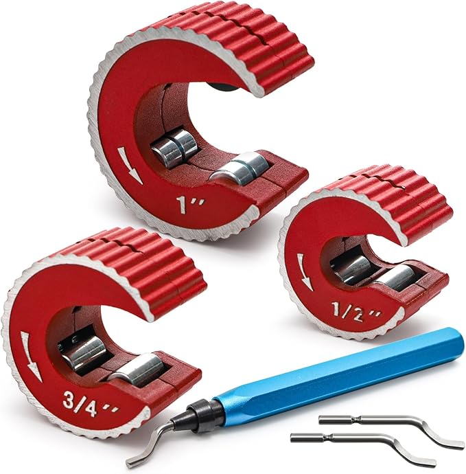 YOUEON Tubing Cutter Set, 6-Piece Copper Pipe Cutter Kit with Self-Tightening C-Shape Cutters (1/2", 3/4", 1"), Deburring Tool with 2 Extra Blades, for PVC, Copper, and Aluminum Pipes