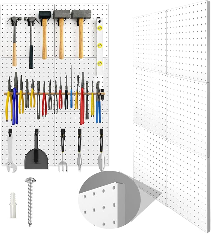 Peg Board, 6 Pack Metal Pegboard Panels White Pegboards Wall Organizer with Bent Frame Large Heavy Duty Peg Board for Walls Home, Garage Tool Storage, Workbench, Craft Room, Kitchen