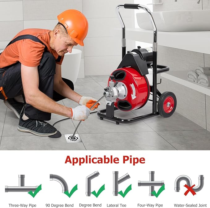 100Ft 3/8 Inch Electric Drain Cleaner Machine Auto Feed Drain Auger for 1 to 4 Inch Pipes Professional Sewer Snake with 4 Cutters Gloves Heavy Duty Clog Remover