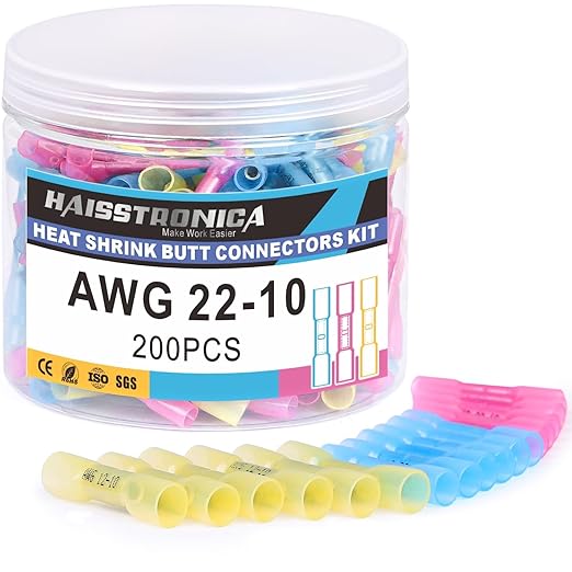 haisstronica 200PCS 22-10 AWG Mixing Heat Shrink Butt Connectors-Tinned Red Copper Marine Grade Insulated Crimp Wire Connectors-Waterproof Electrical Connectors-Butt Splice for Marine,Boat,Stereo