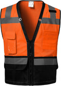 Reflective Safety vest With back plan pocket,High visibility Class 2 Heavy Duty Surveyor Vest with Zipper,Hi Vis Construction Work Vest for Men＆Women ANSI/ISEA(Orange-Bottom,2XL)