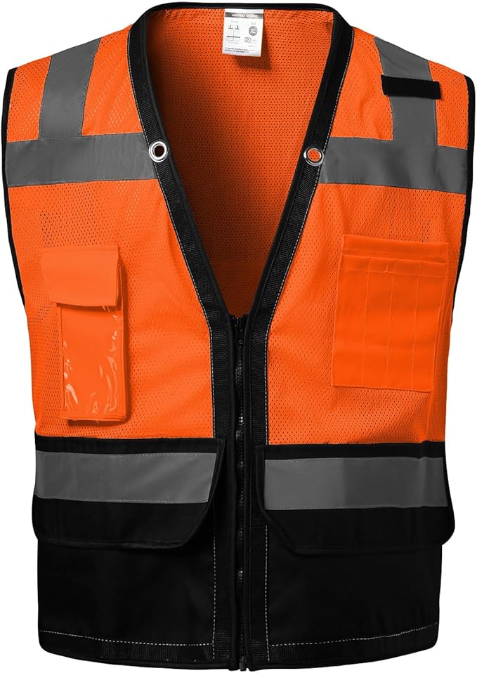 Reflective Safety vest With back plan pocket,High visibility Class 2 Heavy Duty Surveyor Vest with Zipper,Hi Vis Construction Work Vest for Men＆Women ANSI/ISEA(Orange-Bottom,2XL)