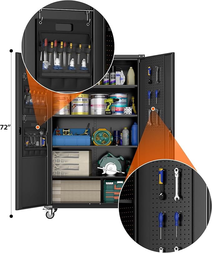 72" H Wide and Deep Garage Storage Cabinet with Wheels & Pegboard, Large Locking Metal Storage Cabinet with 2 Doors and 4 Adjustable Shelves for Garage, Home, Assembly Required, Black