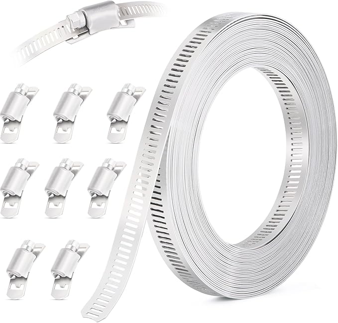 10FT Hose Clamps,304 Stainless Steel Hose Clamp Assortment Kit DIY Metal Strapping with Holes+8 Fasteners,Adjustable Worm Gear Large Hose Clamps Metal Band Screw Clamp Straps for Pipe,Duct,Tube