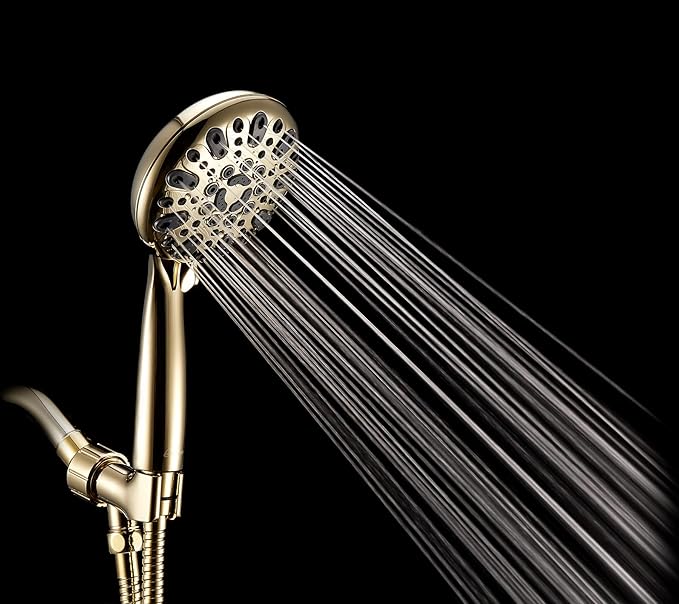 Handheld Shower Head, 6 Spray Setting High Pressure Shower Head with Brass Swivel Ball Bracket and Extra Long Stainless Steel Hose, Polished Brass, 5"