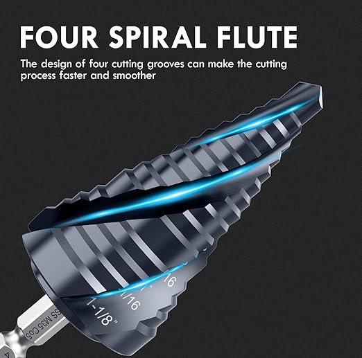 Four Sprial Flute M35 Cobalt Step Drill Bit, 1/4"-1-1/8" Ultra TiAIN Coated Unibit Step Bit, 1/4" Hex Shank Drill Bit for Metal, Stainless Steel, Aluminum, Copper, Wood, PVC