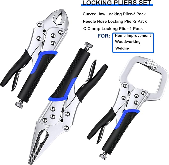Vice Grips, 6-Pack Vise Grips 5"/7"/10" Curved Jaw Locking Pliers, 6-1/2" & 9-1/2" Needle Nose Pliers Set and 6" C-Clamp for Welding, Woodworking, Metal Working