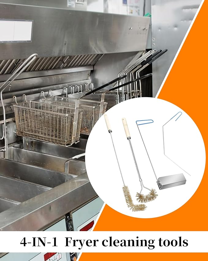 4-in-1 Fryer Cleaning Tools, L Shaped Fryer Cleaning Brush, Deep Fryer Crumb Scoop, Long Handle Deep Fryer Basket Cleaning Brush, Deep Fryer Cleanout Rod, Applies to Commercial Kitchen, Fryer, Drain