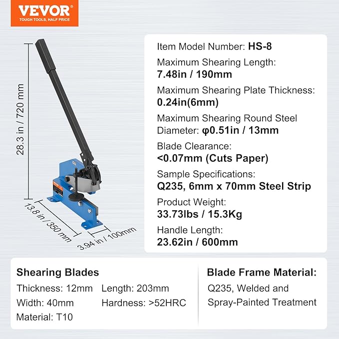 VEVOR Hand Plate Shear 8", Manual Metal Cutter Cutting Thickness1/4 Inch Thick Max, Metal Steel Frame Snip Machine Benchtop 7/16 Inch Rod, for Shear Carbon Steel Plates and Bars , Blue