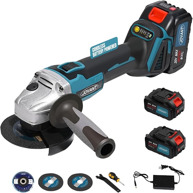 20V Cordless Angle Grinder, 4" and 4-1/2" Electric Angle Grinder Kit, 8500RPM Power Grinder Brushless Motor for Cutting/Sharpening/Removing Rust -JOVANT (2 Batteries)