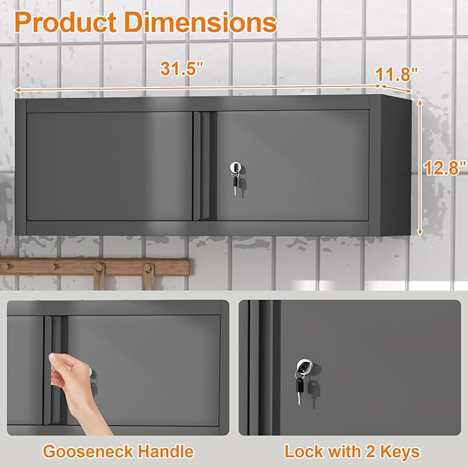 GREATMEET 13" H Metal Garage Storage Cabinets, Lockable Storage Cabinet, Wall Cabinet Storage for Kitchen, Utility Room, RV, Black