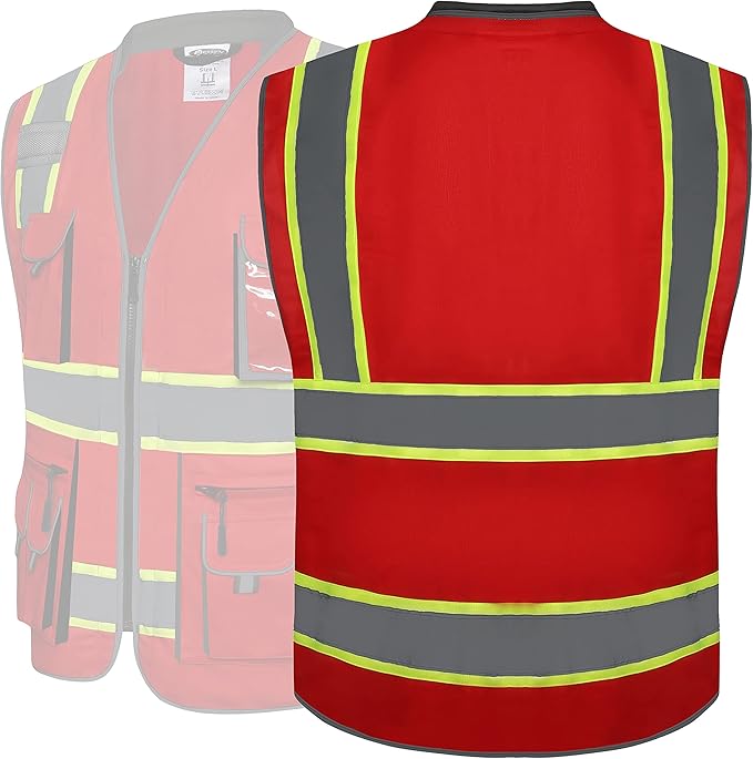 JKSafety 10 Pockets Hi-Vis Zipper Front Fluorescent Red Safety Vest | Cushioned Collar | High Reflective Tapes with Extended Neon Yellow Strips | Meets ANSI/ISEA Standards (3X-Large, 89-Red)