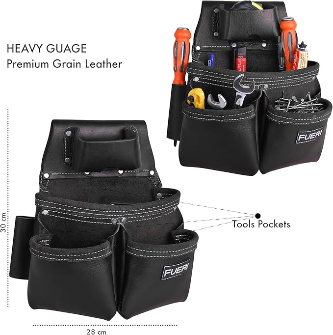 Heavy Duty 19 Pocket Leather Tool Belt Suspender Multipurpose Pockets Work Organizer Pouch Framing Fat Lip Tool Holder for Carpenter, Construction, Handyman, and Electrician Tool Belt Set