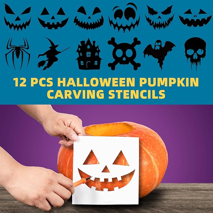 inin 12PCS Halloween Pumpkin Carving Kit with 12 Stencils & Hand Bag,Stainless Steel Pumpkin Carving Tools,Professional Pumpkin Decorating Set,Halloween Decorations for Kids & Adluts.