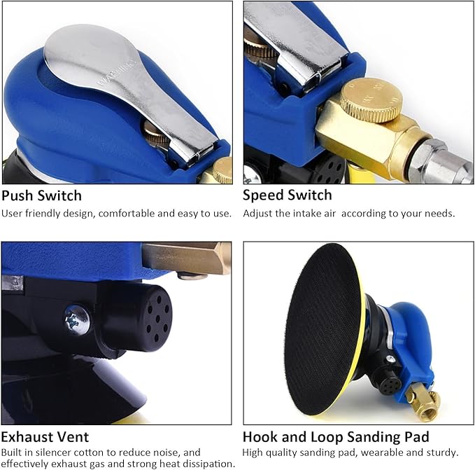 6 inch Pneumatic Orbital Sander, Daul Action Air Sander with Hook and Loop Sanding Pad for Woodworking, Autobody Work