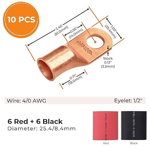 SELTERM 10pcs - 4/0 Awg - 1/2" Stud - Battery Lugs - Ring Terminal Connectors | with 12pcs 3:1 Black & Red Heat Shrink Tubing with Adhesive | Heavy Duty Battery Cable Ends - Bare Copper Wire Lugs Kit