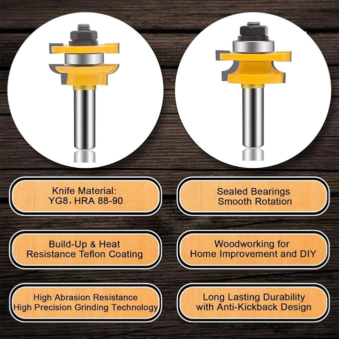 LEATBUY 3 PCS Router Bit Set 1/2 Inch Shank, Round Panel Cabinet Door Rail Stile Router Bits, Woodworking Wood Cutter, Table Carbide Groove Tongue Milling Tool(1/4-single)