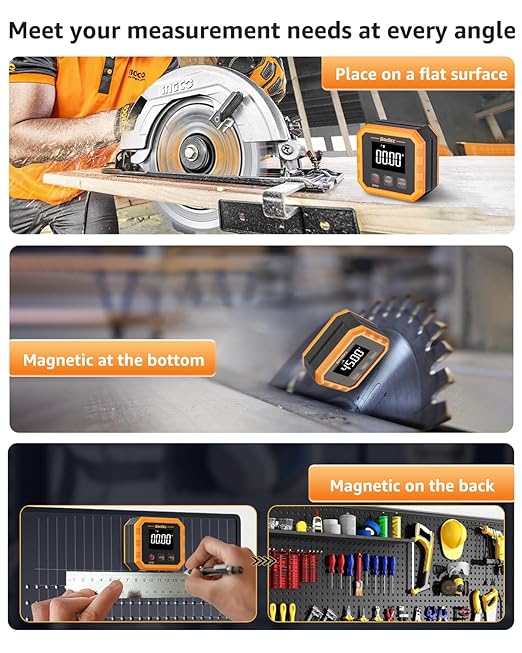 Rechargeable Digital Angle Finder, Digital Angle Gauge with Magnetic Back&Base, ±0.1° Accuracy Protractor Inclinometer Woodworking Tools, IP54, 360° Flip Screen, for Construction, Machinery