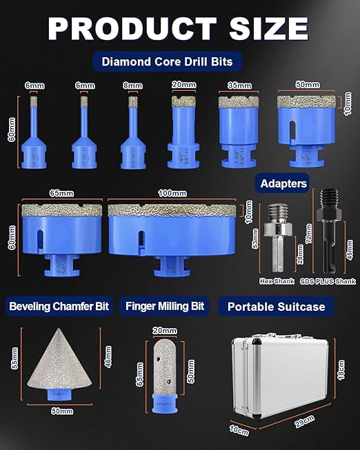 Diamond Tile Hole Saw Kit - 12Pcs 1/4'' X 2, 5/16'', 4/5'', 1-3/8'', 2'', 2-1/2'', 4'' Drill Bits, 4/5'' Finger Bit, 2'' Beveling Chamfer Bit, 2pcs Adapters for Porcelain Tile Ceramic Granite Marble