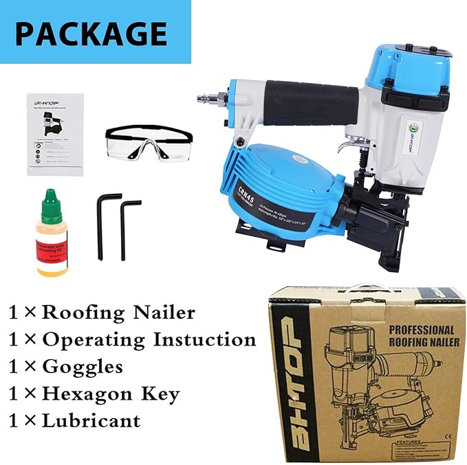 BHTOP Salvador CN45N Roofing Nailer, 15 Degree Roofing Nail Gun, 3/4-Inch to 1-3/4-Inch Coil Nails, 120-pcs Load Capacity Coil Nailer