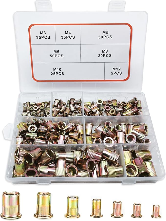 Metric Rivet Nut Kit, 220PCS Rivet Nuts Assortment Kit, Rivnut Kit, Nutsert Kit, Rivnuts Nutserts Kit, Flat Head M3 M4 M5 M6 M8 M10 M12