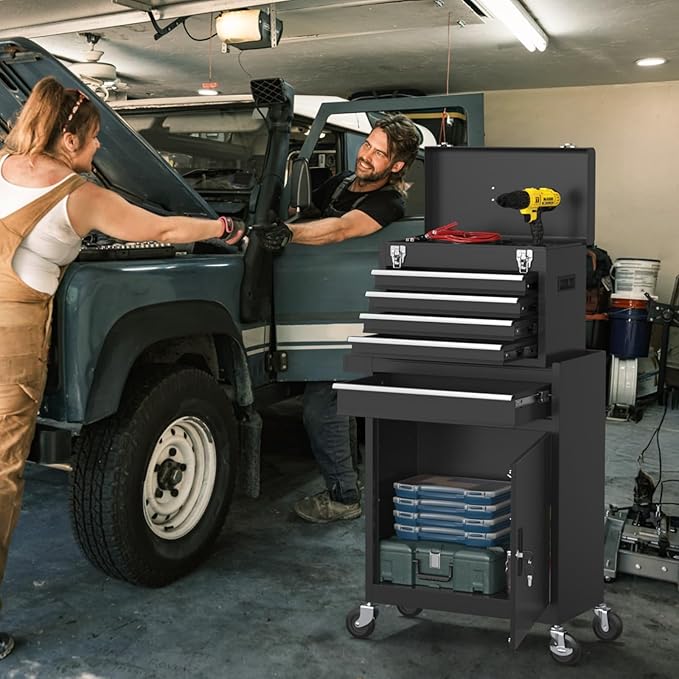 5-Drawer High Capacity Rolling Tool Chest, Removable Toolbox on Wheels Organizers, Lockable Tool Box Tool Storage Cabine with Drawers and Wheels for Workshop and Warehouse (Black)