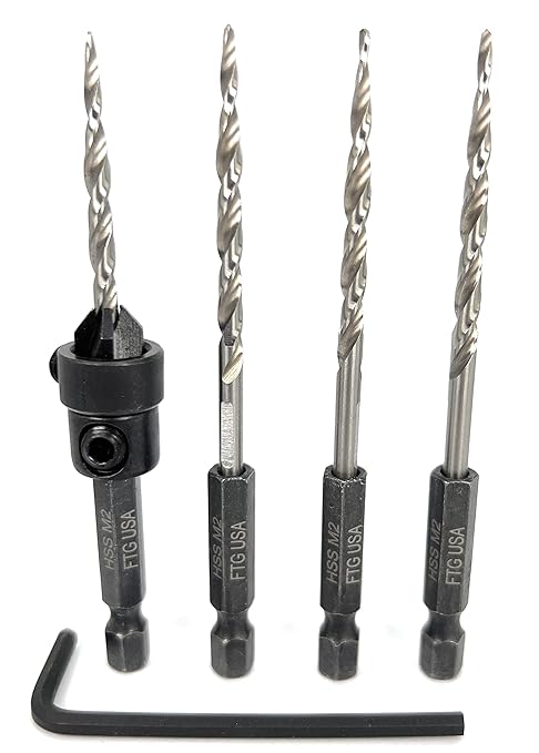 FTG USA Adjustable Wood Countersink Drill Bit #6 (9/64") with 3 Tapered Drill Bits for Woodworking