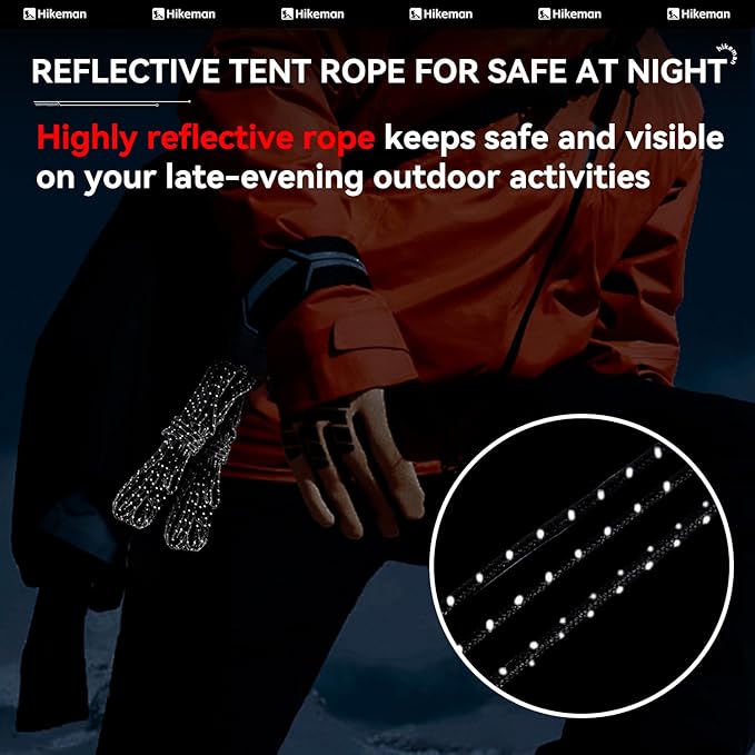 Hikeman Tent Guy Ropes 2mm-Ultralight Strong Guy Lines with Tensioner Reflective UHMWPE Fiber Tent Cord for Camping, Hiking, Backpacking Rope (Black, 65 Feet, 10 Tensioners)