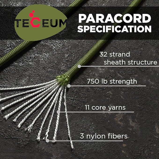 TECEUM 5/32" Paracord Rope 1000 – 1000ft / 200ft / 100ft / 50ft – Tactical Parachute Cord 4mm – 45+ Colors – Nylon String for Survival & Camping Gear – Stripe Cord for Survival – Utility Rope