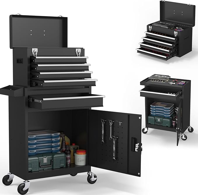 5-Drawer High Capacity Rolling Tool Chest, Removable Toolbox on Wheels Organizers, Lockable Tool Box Tool Storage Cabine with Drawers and Wheels for Workshop and Warehouse (Black)