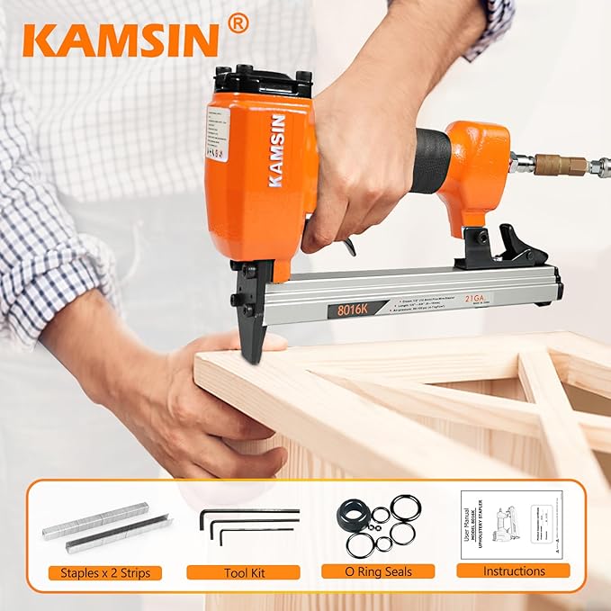 Kamsin 8016K Pneumatic Upholstery Staple Gun 21 Gauge Upholstery Stapler Fits 80 Series Staples with 1/2-Inch Crown and 1/4-Inch to 5/8-Inch Leg Length for Furniture, Cabinet and Woodworking (8016K)