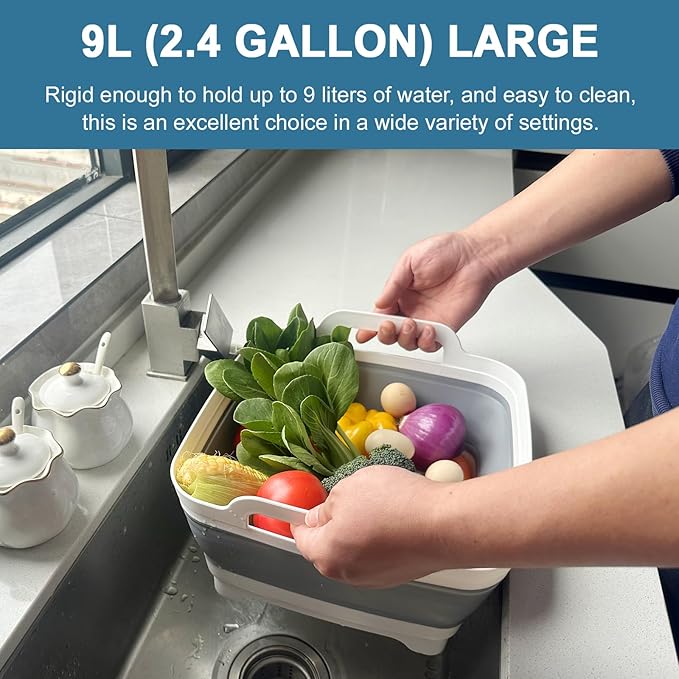 2 Pack Foldable Dish Tub-2 * 9L Dishpan for Washing Dish Tub-Foldable Wash Basin Bucket Portable Sink-Multiuse Collapsible Sink Tub Wash Dish Basin(Grey+Green)