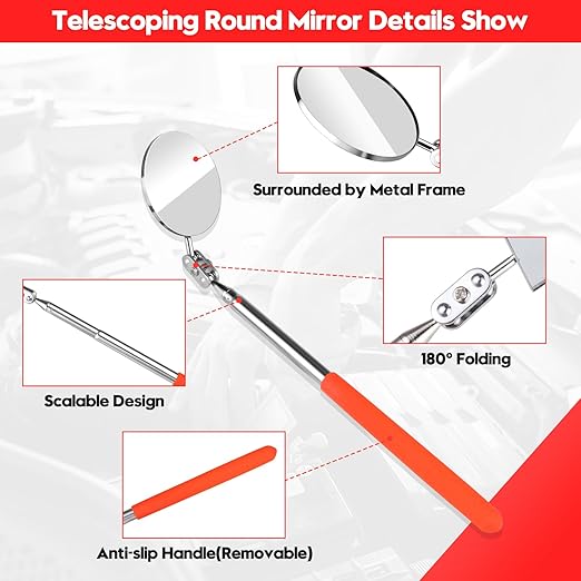 2Pcs Telescoping Inspection Mirror, Flexible Retractable Automotive Extension Mirror Pickup Tools Round Square Mirror Inspection Tool for Checking Vehicle Mechanic Mirror Automotive Mirror(Orange)