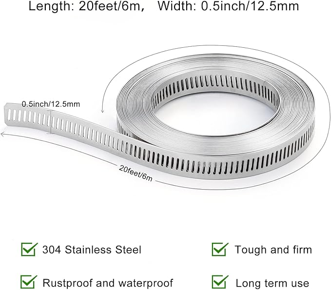 Hose Clamps, DIY 20 FT Metal Strap + 9 Fasteners, Hose Clamps Stainless Steel, Large Adjustable Hose Clamp Pipe Clamp for Pipe Automotive Mechanical Applications