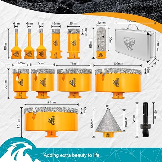 Tile Hole Saw Kit 13pcs - Diamond Core Drill Bits 6/6/8/19/25/35/50/75/102/125mm for Tile Porcelain Marble Granite with 20mm Diamond Finger Bit and 2" Chamfer Bit Trimming Hole and SDS Adapter