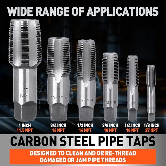 6-Piece NPT Pipe Tap Set, 1", 3/4", 1/2", 3/8", 1/4", 1/8" Taps Threading Tool, Precision Carbon Steel Tap Set Metric and Standard for Clean and Re-Thread Damaged or Jam Pipe Threads in Storage Case