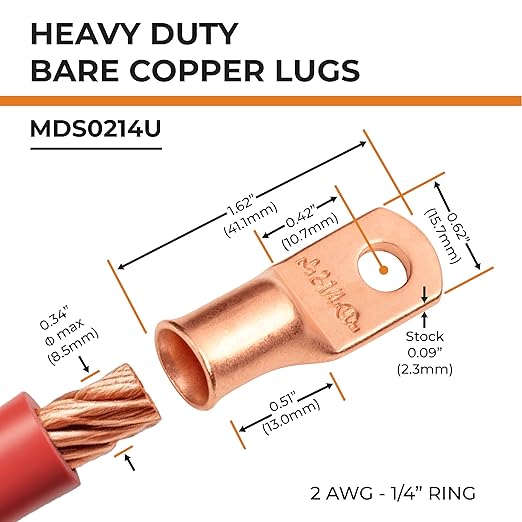 SELTERM 25pcs 2 AWG 1/4" Stud Battery Lugs, Ring Terminals, Heavy Duty Copper Wire Lugs, Battery Cable Ends, 2 Gauge Ring Terminal Connectors, UL Bare Copper Eyelets Electrical Battery Cable Lugs