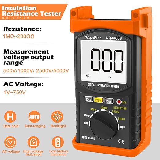Megohmmeter 200 Gig Ohm Digital Insulation Resistance Tester 500V/1kV/2.5kV/5kV Auto Range Voltage,Resistance Tester with 1999 Count LCD Display, Data Hold, Back-Light-RQ-6688B（Orange）