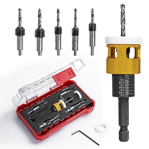5 Pcs Countersink Drill Bit Set with Low Friction Depth Stop, HSS M2 Bits Tapered Head1/8 9/64" 5/32" Drill+3/8” 82° Counter-Bore,11/64" 3/16" Drill+ 1/2" 82° Counter Bore,1/4” Hex Shank (Yellow)