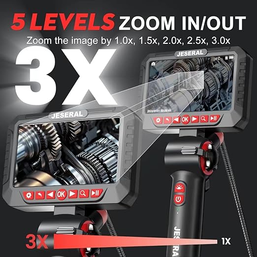 Articulating Borescope Camera - JESERAL 5" HD 1080P Inspection Camera Screen with 6 Led Light, Endoscope with 6.2mm Len IP67 Waterproof Probe, 3X Zoom Borescope with Semi-Rigid 5FT Cable for Mechanic