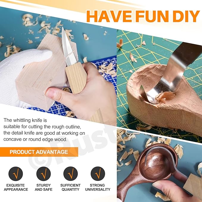 5pcs Wood Carving Knife Assortment Kit Wood Carving Knives Tools Set Includes Carving Hook Knife Wood Carving Whittling Knife Wood Carving Blank Polished Compound for Woodworking