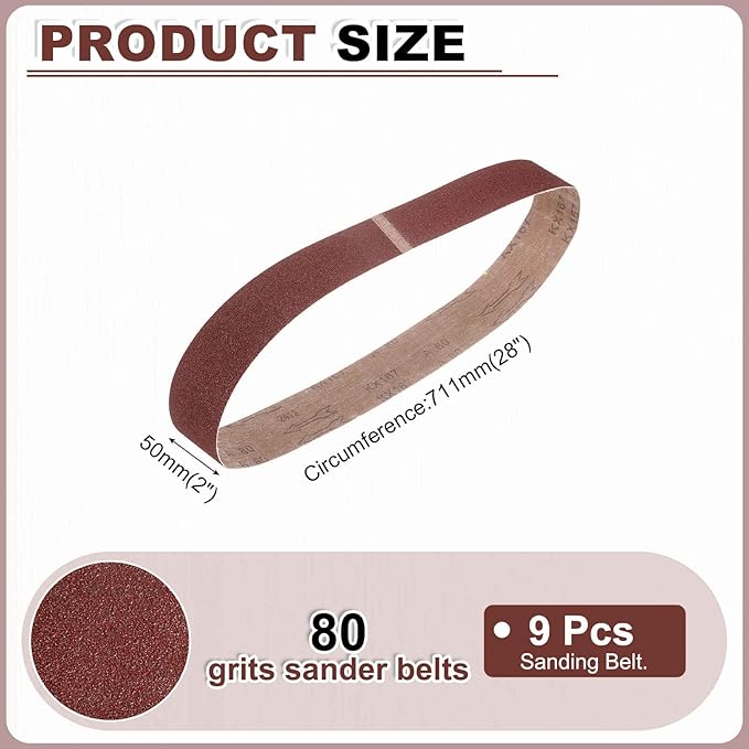 HARFINGTON 2 x 28 Inch Sanding Belts, 9 Pcs 80 Grit Aluminum Oxide Abrasive Belt Sander File Belt for Woodworking, Metal Polishing, Knife Sharpener