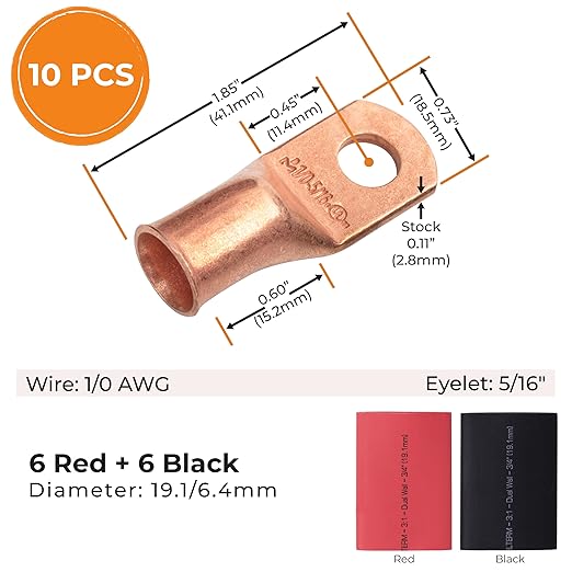 SELTERM 10pcs - 1/0 Awg - 5/16" Stud - Battery Lugs - Ring Terminal Connectors | with 12pcs 3:1 Black & Red Heat Shrink Tubing with Adhesive | Heavy Duty Battery Cable Ends - Bare Copper Wire Lugs Kit