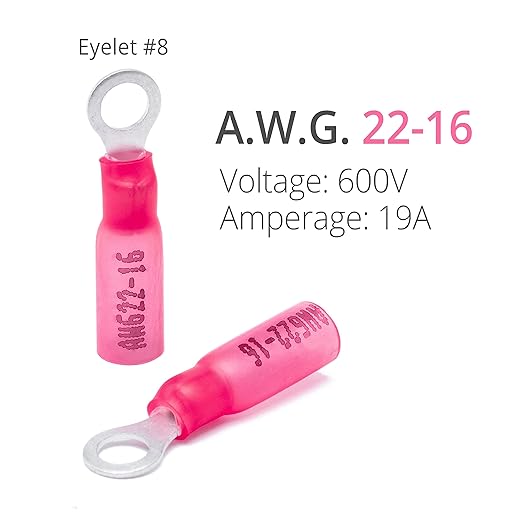 Wirefy 150 PCS Heat Shrink Ring Terminals #8 - a Resistant Ring Connectors - Eyelet Wire Connectors - Red 22-16 AWG