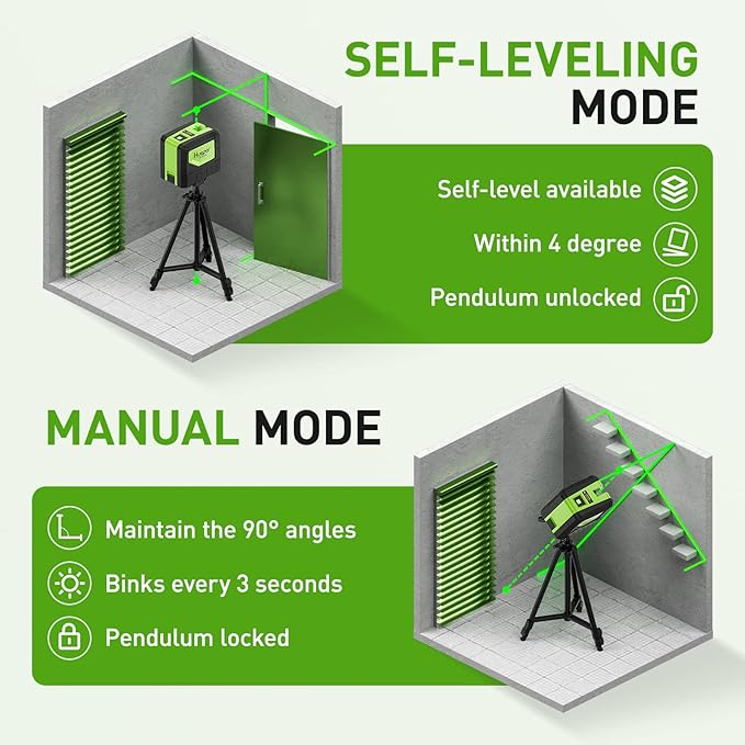 Laser Level with 2 Plumb Dots - Huepar 2 Plumb Points and 2 Cross Line Alignment Laser Level Tool with 180° Wide Angle, 2 In 1 Multi-Use Green Plumb Laser Self Leveling Laser Leveler - 9211G