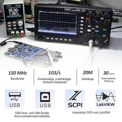 OWON Digital Oscilloscope with Dual-Channel Channels and Screen 7 inch / 18 cm, TFT-LCD Display, Portable Professional Oscilloscope Kit with 1GS/s Sampling Rate, Bandwidth 150MH,SDS215